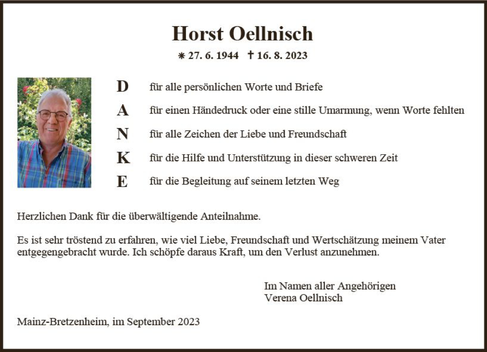  Traueranzeige für Horst Oellnisch vom 30.09.2023 aus Allgemeine Zeitung Mainz