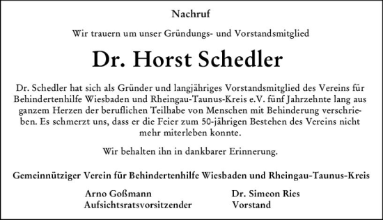 Traueranzeige von Horst Schedler von Wiesbadener Kurier