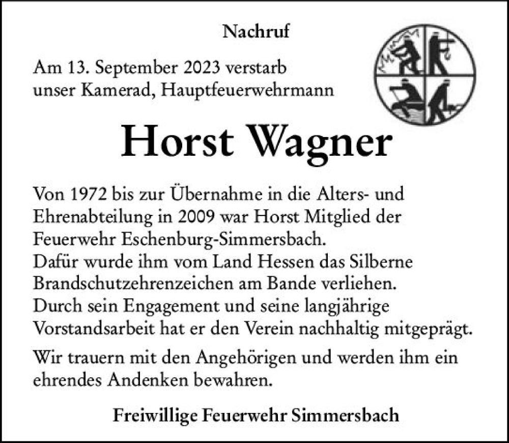  Traueranzeige für Horst Wagner vom 21.09.2023 aus Dill Block