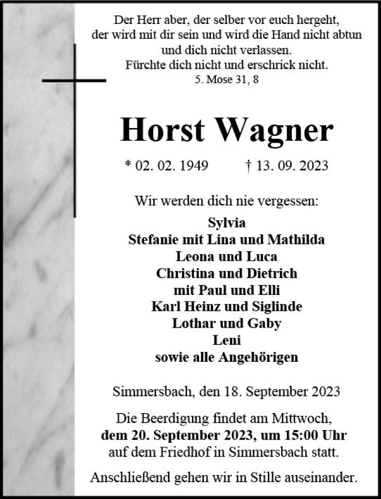  Traueranzeige für Horst Wagner vom 18.09.2023 aus Dill Block