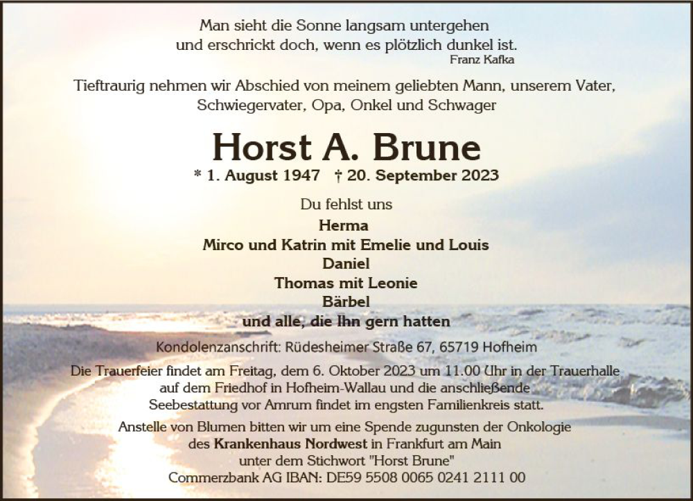  Traueranzeige für Horst . Brune vom 30.09.2023 aus Wiesbadener Kurier