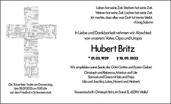 Traueranzeige von Hubert Britz von Wiesbadener Kurier