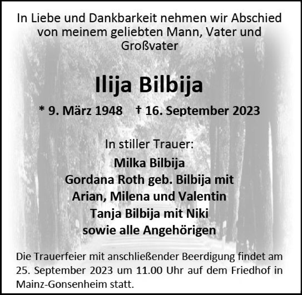  Traueranzeige für Ilija Bilbija vom 23.09.2023 aus Allgemeine Zeitung Mainz