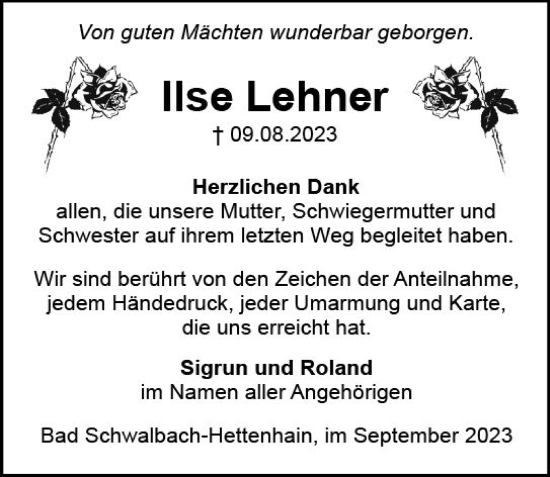 Traueranzeige von Ilse Lehner von Wiesbadener Kurier