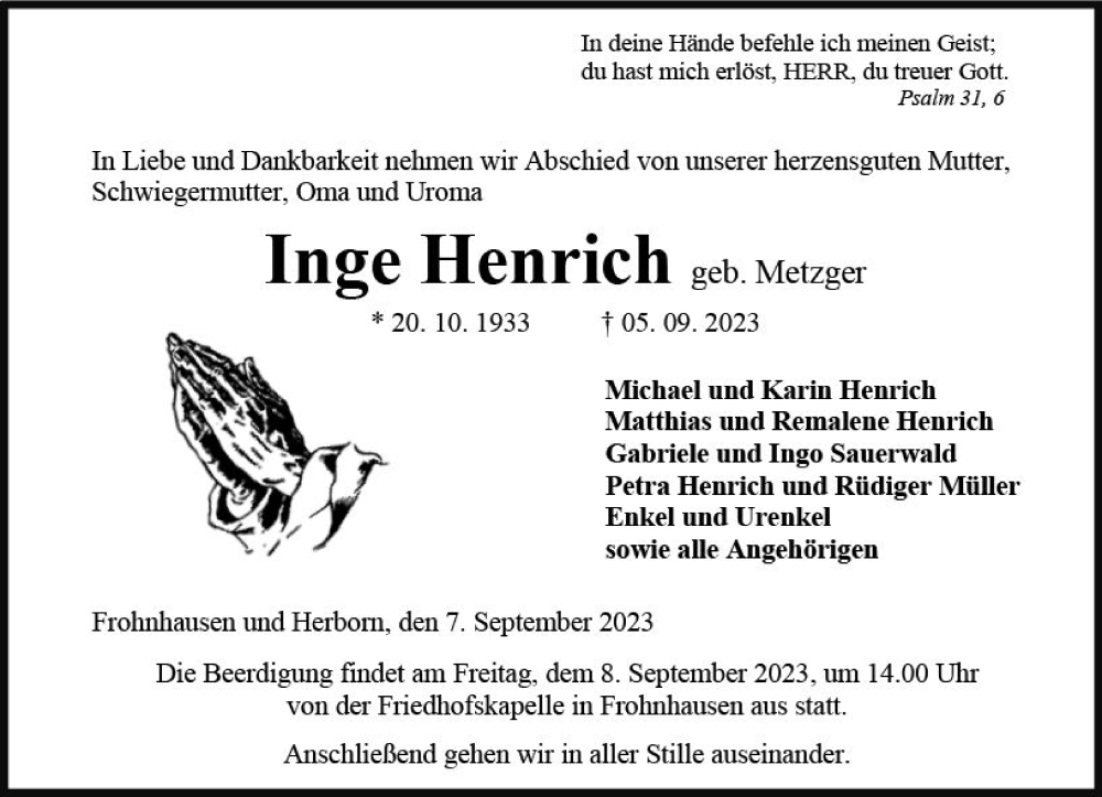  Traueranzeige für Inge Henrich vom 07.09.2023 aus Dill Block