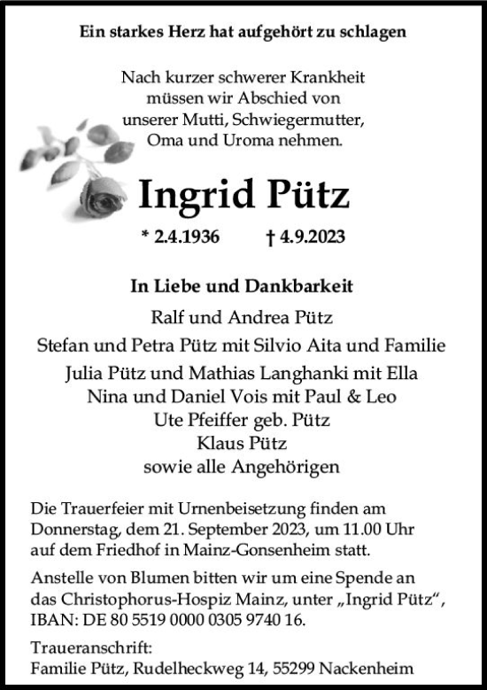 Traueranzeige von Ingrid Pütz von Allgemeine Zeitung Mainz