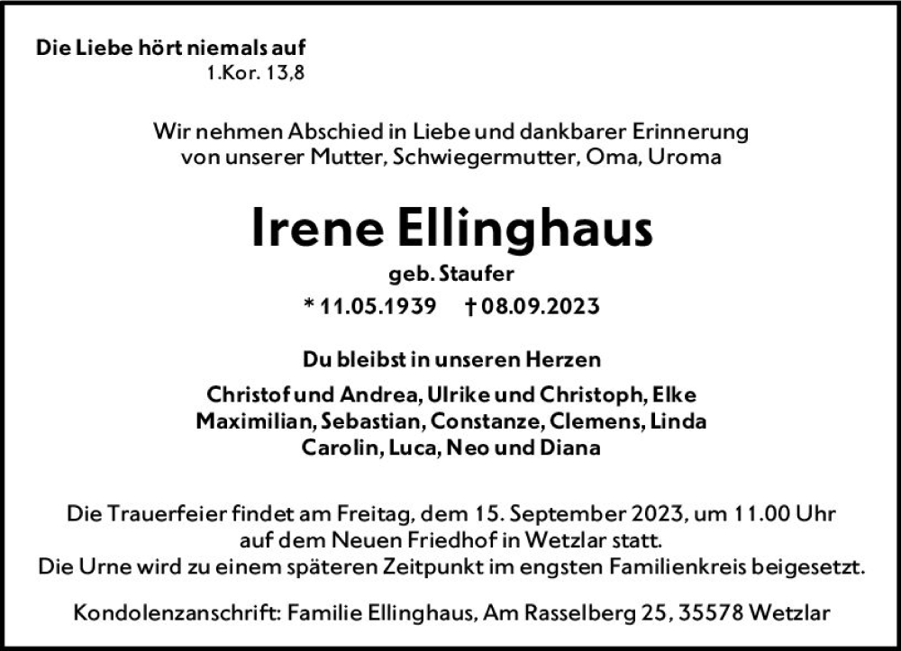  Traueranzeige für Irene Ellinghaus vom 13.09.2023 aus Wetzlarer Neue Zeitung