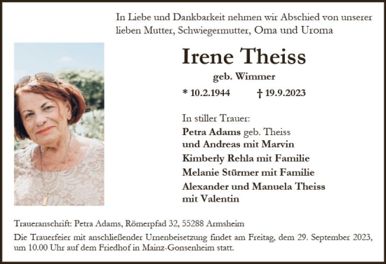 Traueranzeige von Irene Theiss von Allgemeine Zeitung Mainz