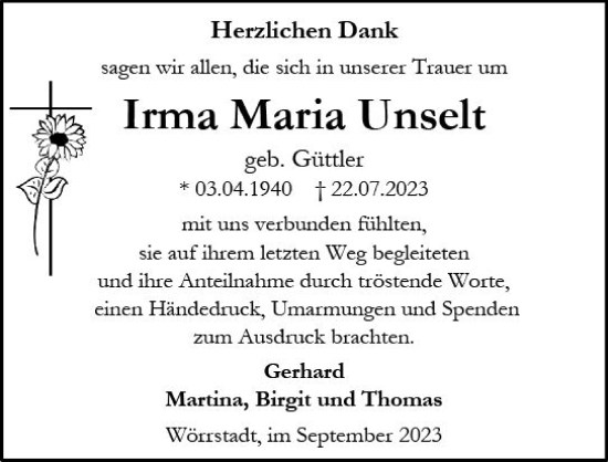 Traueranzeige von Irma Maria Unselt von Allgemeine Zeitung Alzey