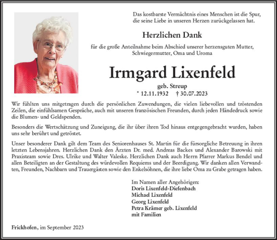 Traueranzeige von Irmgard Lixenfeld von Nassauische Neue Presse