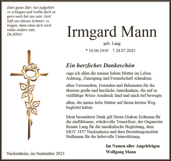 Traueranzeige von Irmgard Mann von Allgemeine Zeitung Mainz