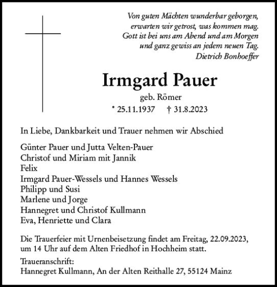 Traueranzeige von Irmgard Pauer von Allgemeine Zeitung Mainz
