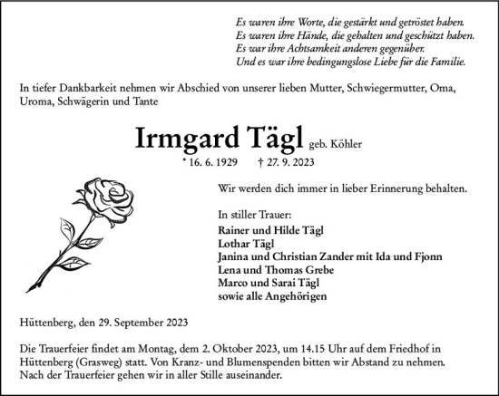 Traueranzeige von Irmgard Tägl von Wetzlarer Neue Zeitung