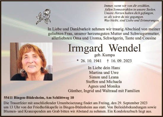 Traueranzeige von Irmgard Wendel von Allgemeine Zeitung Bingen/Ingelheim