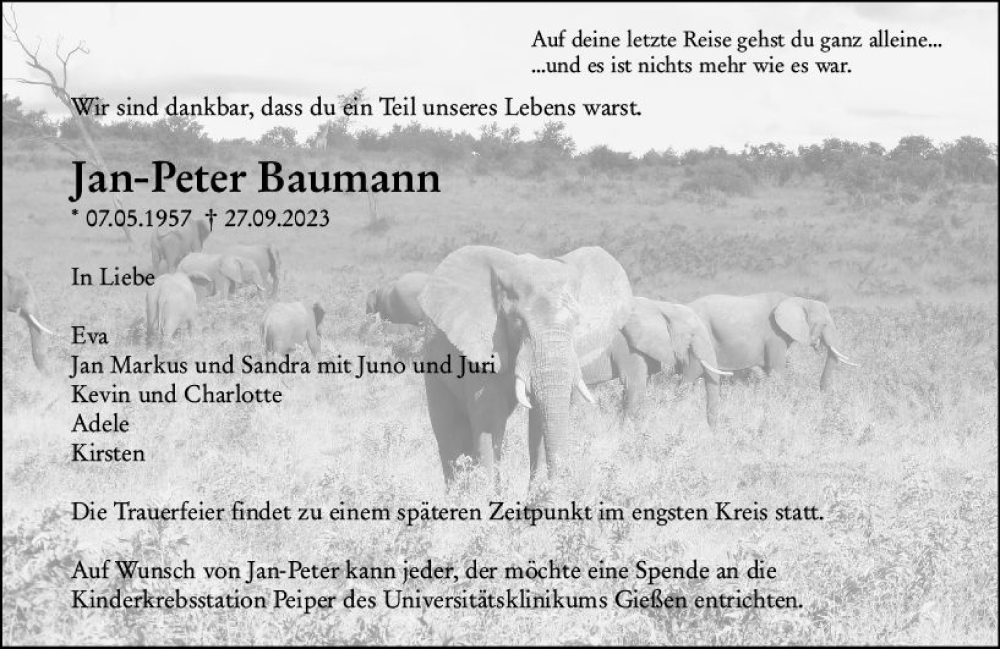  Traueranzeige für Jan-Peter Baumann vom 30.09.2023 aus Wetzlarer Neue Zeitung