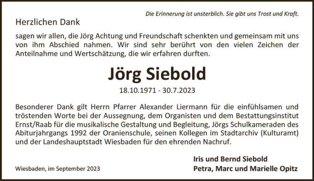  Traueranzeige für Jörg Siebold vom 09.09.2023 aus Wiesbadener Kurier
