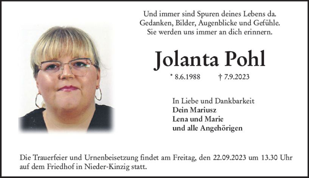  Traueranzeige für Jolanta Pohl vom 16.09.2023 aus Odenwälder Echo