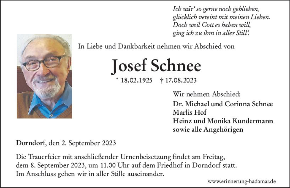  Traueranzeige für Josef Schnee vom 02.09.2023 aus Nassauische Neue Presse