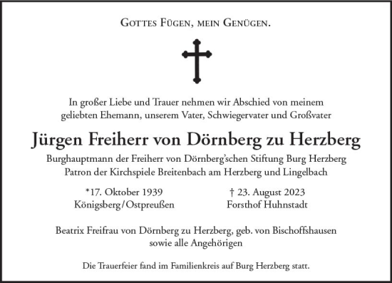Traueranzeige von Jürgen Freiherr von Dörnberg zu Herzberg von Oberhessische Zeitung