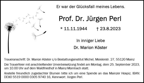 Traueranzeige von Jürgen Perl von Allgemeine Zeitung Mainz