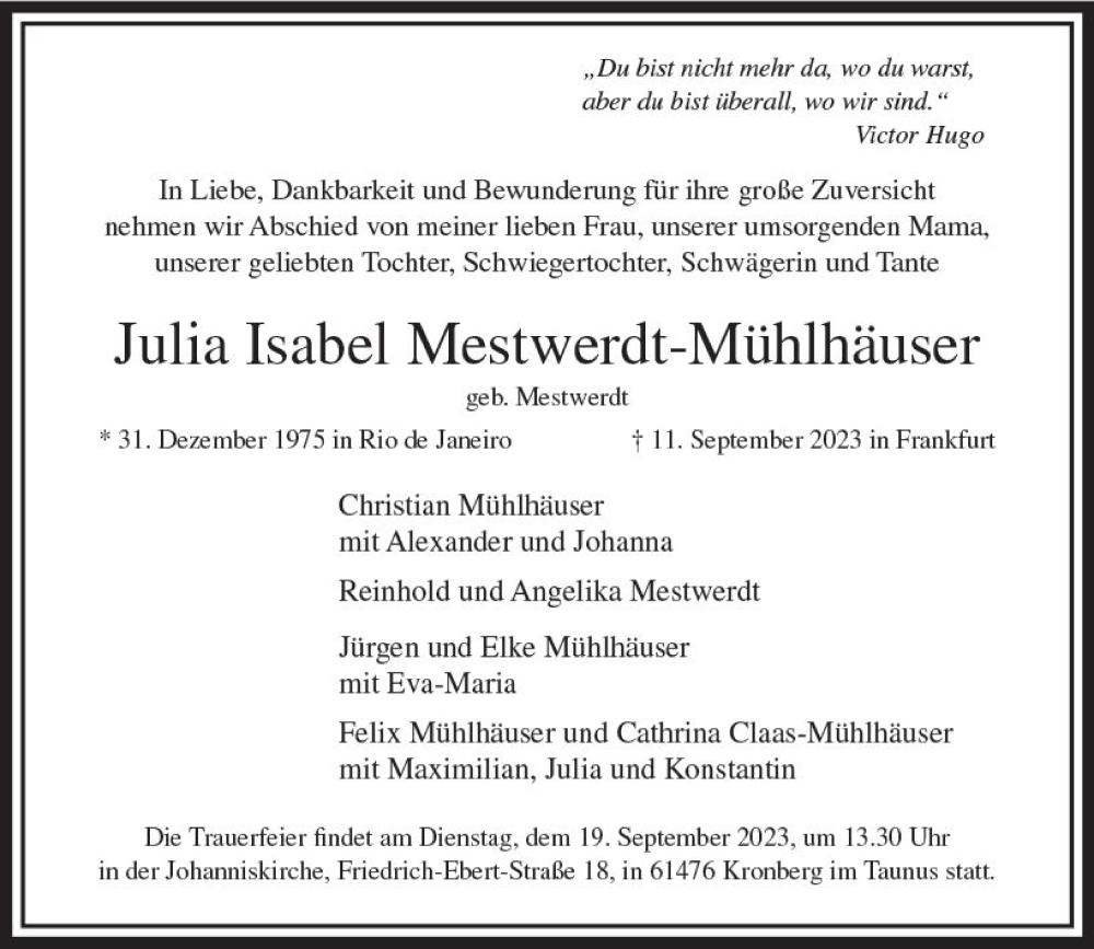  Traueranzeige für Julia Isabel Mestwerdt-Mühlhäuser vom 15.09.2023 aus Odenwälder Echo