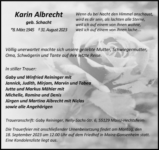 Traueranzeige von Karin Albrecht von Allgemeine Zeitung Mainz