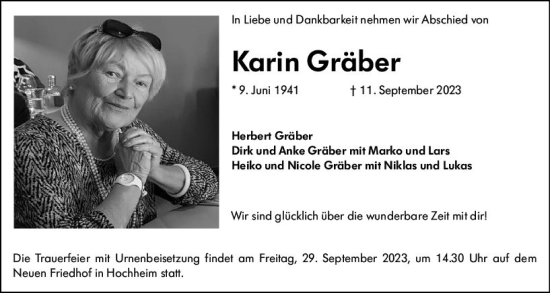 Traueranzeige von Karin Gräber von Hochheimer Zeitung