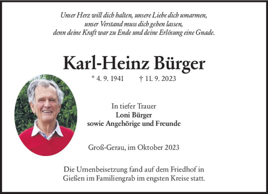 Traueranzeige von Karl-Heinz Bürger von Groß-Gerauer Echo