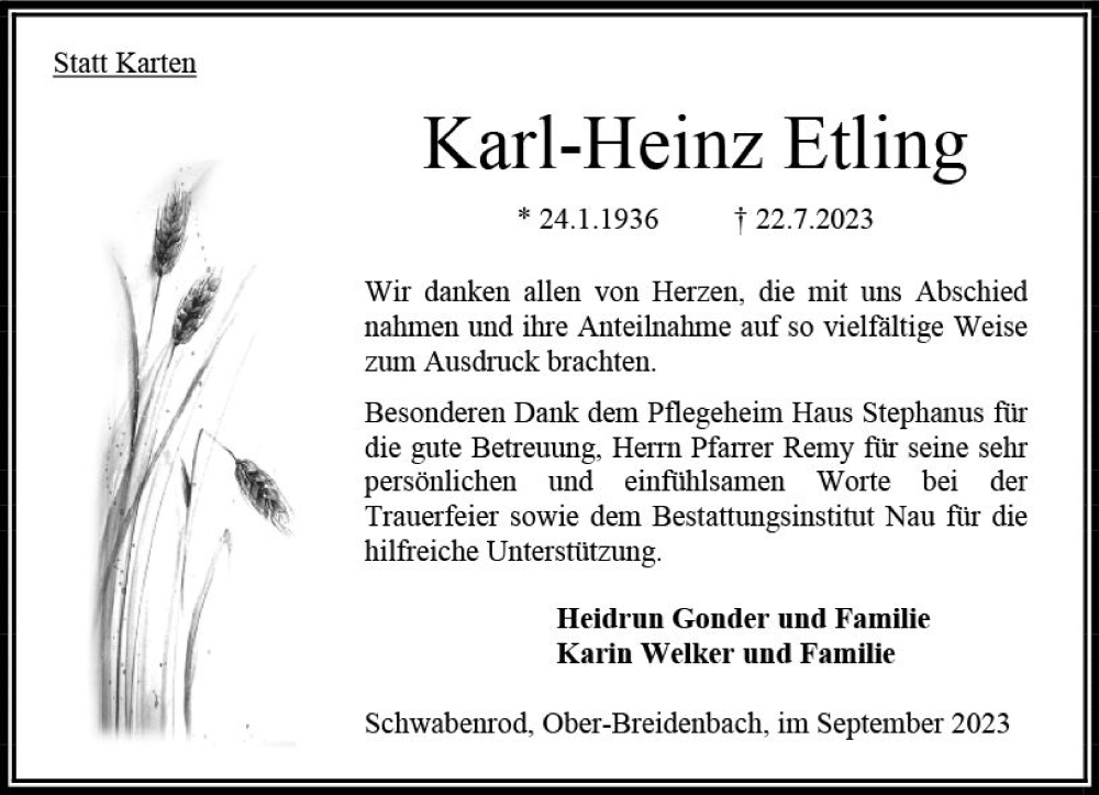  Traueranzeige für Karl-Heinz Etling vom 09.09.2023 aus Oberhessen Kurier