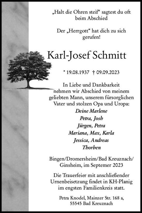 Traueranzeige von Karl-Josef Schmitt von Allgemeine Zeitung Bingen/Ingelheim