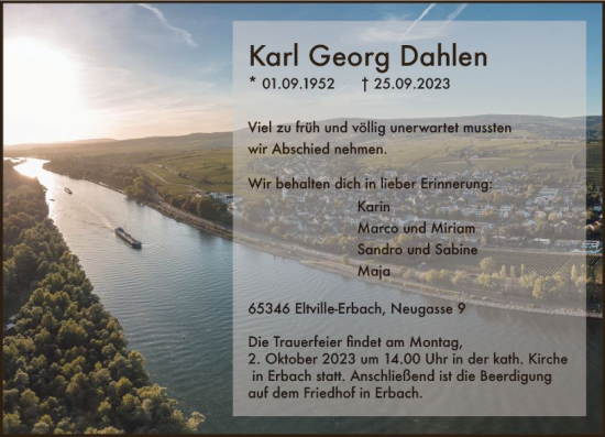 Traueranzeige von Karl Georg Dahlen von Wiesbadener Kurier