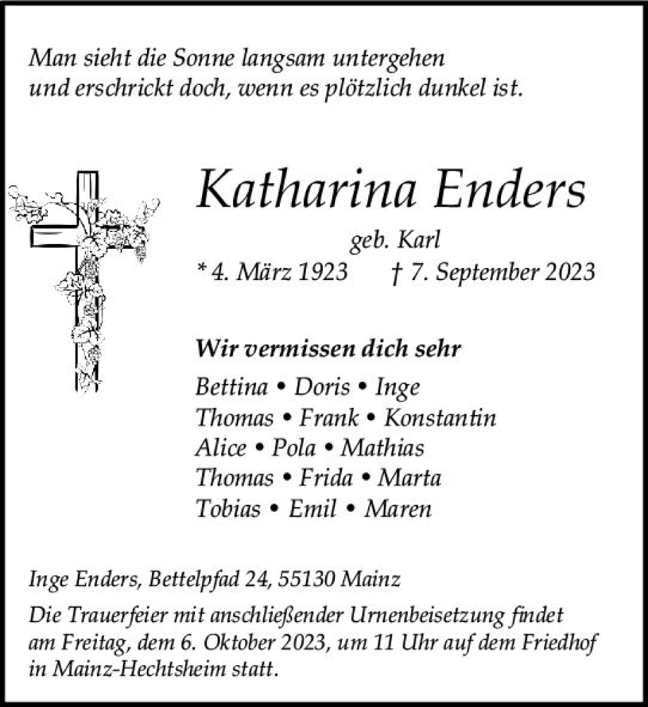  Traueranzeige für Katharina Enders vom 16.09.2023 aus Allgemeine Zeitung Mainz