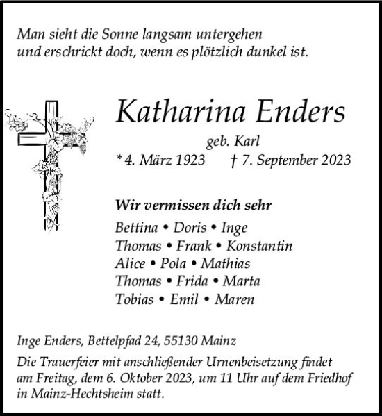 Traueranzeige von Katharina Enders von Allgemeine Zeitung Mainz