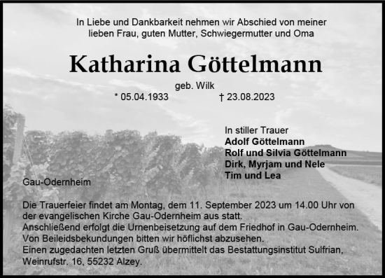Traueranzeige von Katharina Göttelmann von Allgemeine Zeitung Alzey