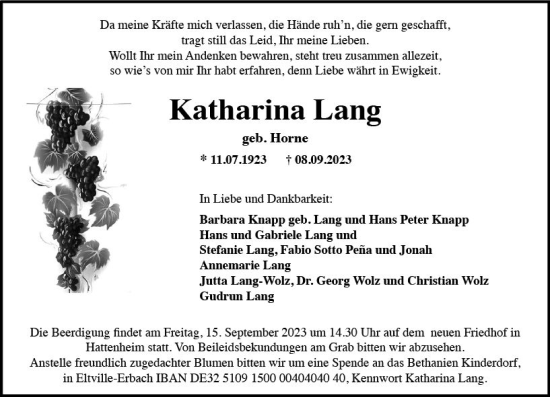 Traueranzeige von Katharina Lang von Wiesbadener Kurier