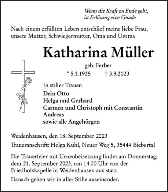 Traueranzeige von Katharina Müller von Hinterländer Anzeiger