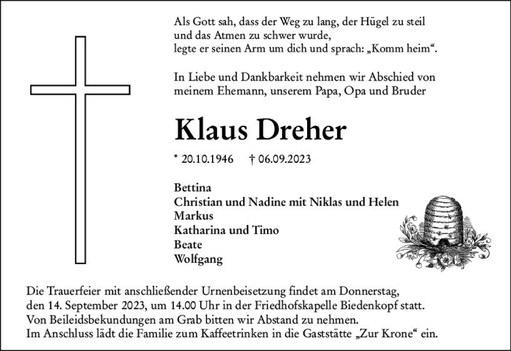  Traueranzeige für Klaus Dreher vom 11.09.2023 aus Hinterländer Anzeiger
