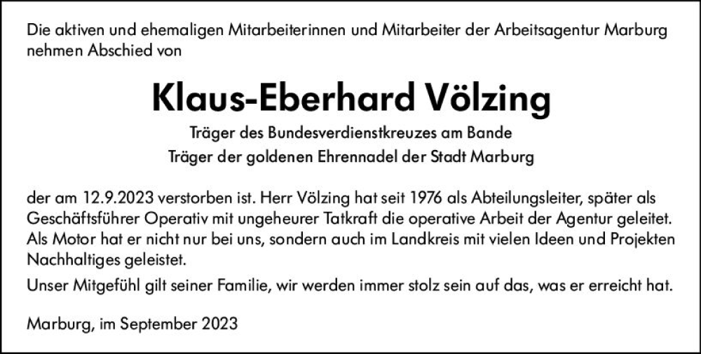  Traueranzeige für Klaus-Eberhard Völzing vom 22.09.2023 aus Wetzlarer Neue Zeitung