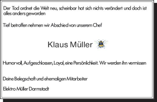Traueranzeige von Klaus Müller von Darmstädter Echo