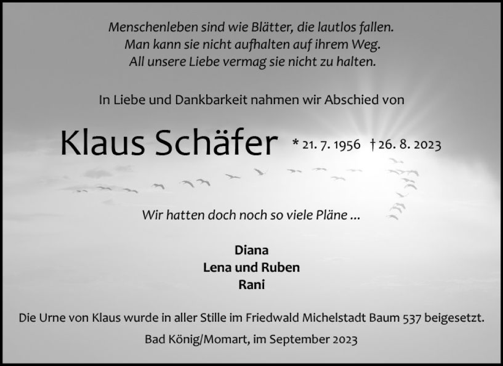  Traueranzeige für Klaus Schäfer vom 16.09.2023 aus Odenwälder Echo
