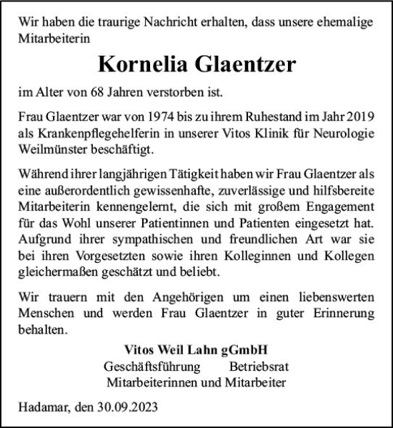 Traueranzeige von Kornelia Glaentzer von Weilburger Tageblatt