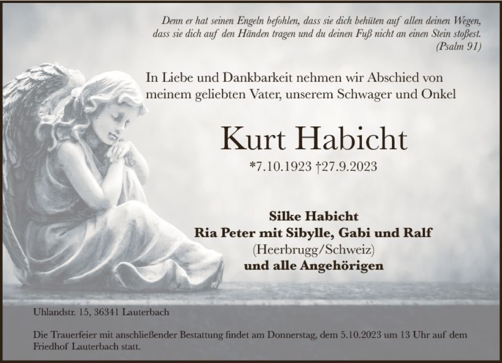  Traueranzeige für Kurt Habicht vom 30.09.2023 aus VRM Trauer