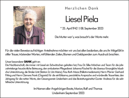 Traueranzeige von Liesel Piela von Allgemeine Zeitung Mainz