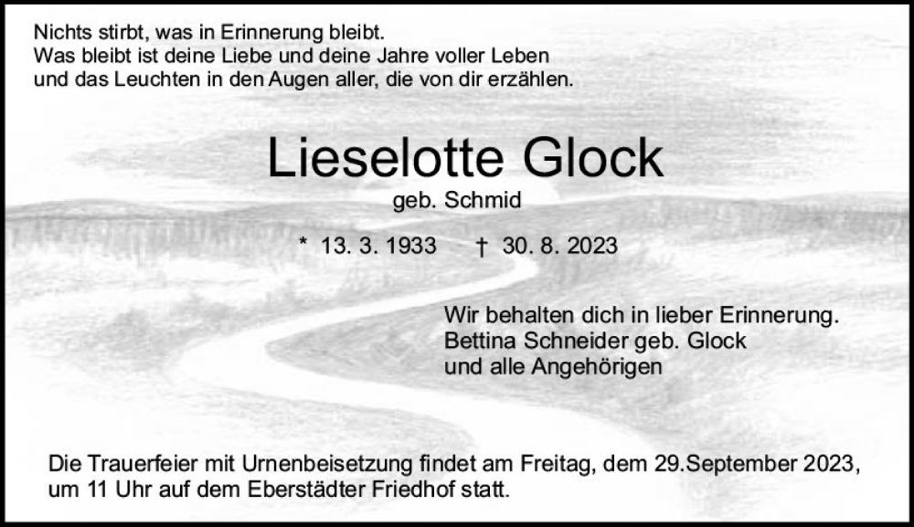  Traueranzeige für Lieselotte Glock vom 09.09.2023 aus Darmstädter Echo