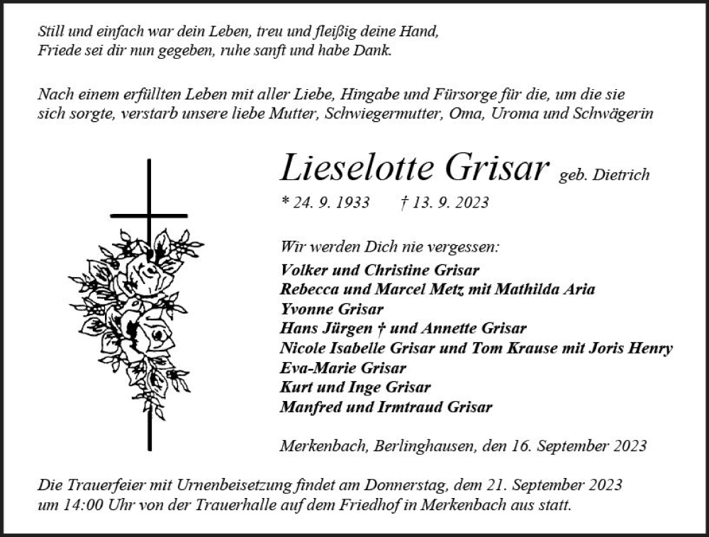  Traueranzeige für Lieselotte Grisar vom 16.09.2023 aus Dill Block