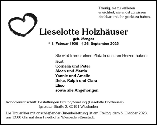 Traueranzeige von Lieselotte Holzhäuser von Wiesbadener Kurier