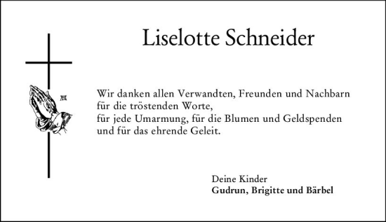 Traueranzeige von Liselotte Schneider von Darmstädter Echo