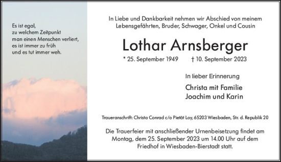 Traueranzeige von Lothar Arnsberger von Wiesbadener Kurier