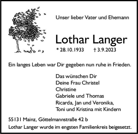 Traueranzeige von Lothar Langer von Allgemeine Zeitung Mainz