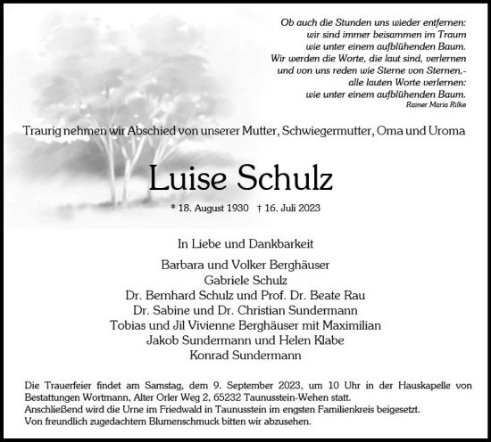 Traueranzeige von Luise Schulz von Wiesbadener Kurier